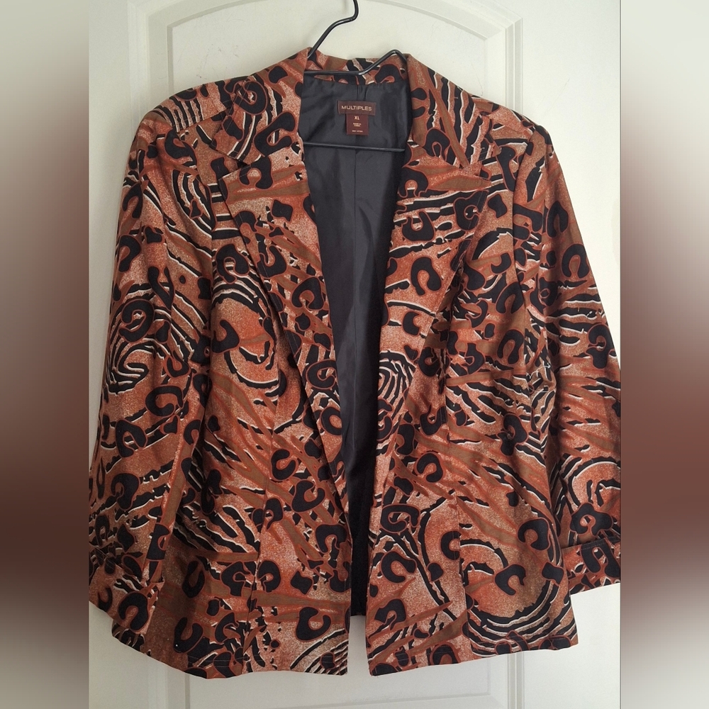 MULTIPLES RUST Animal Print JACKET BLAZER XL LINEN BLEND Formal Office Party S11 - Picture 2 of 12